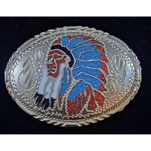 Native Indian Chief Inlay Turquoise & Coral Vintage S.S.I Belt Buckle